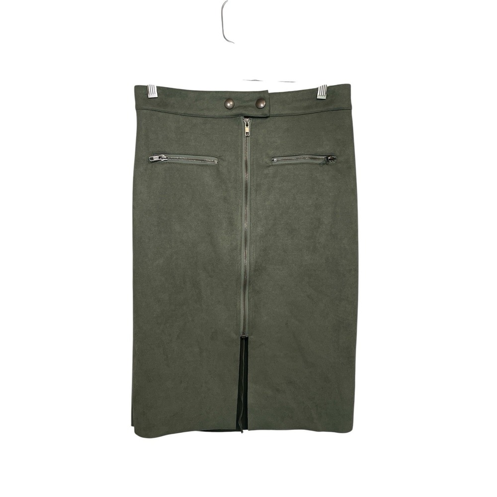 FATE Washed Green Suede Pencil Skirt Front Zip Pockets Midi Length‎ Size M